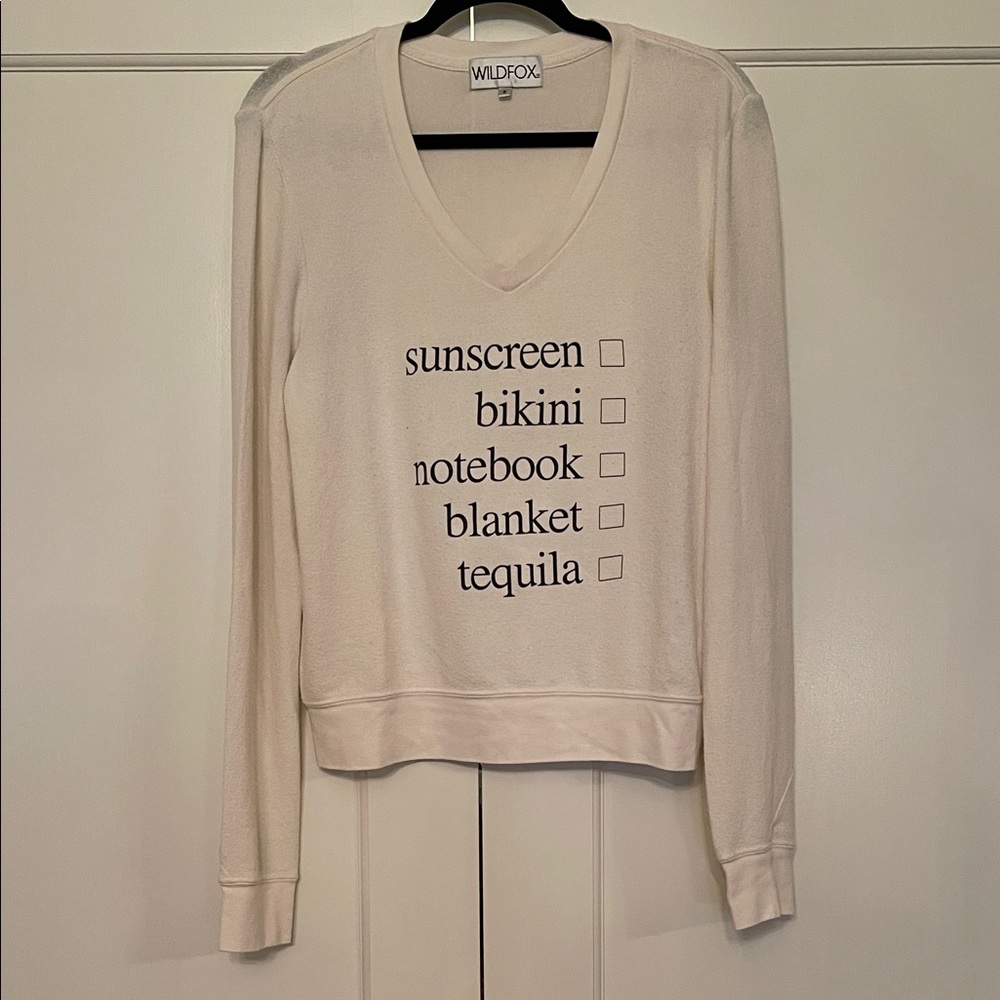 Wildfox Cream Graphic V-Neck Sweater